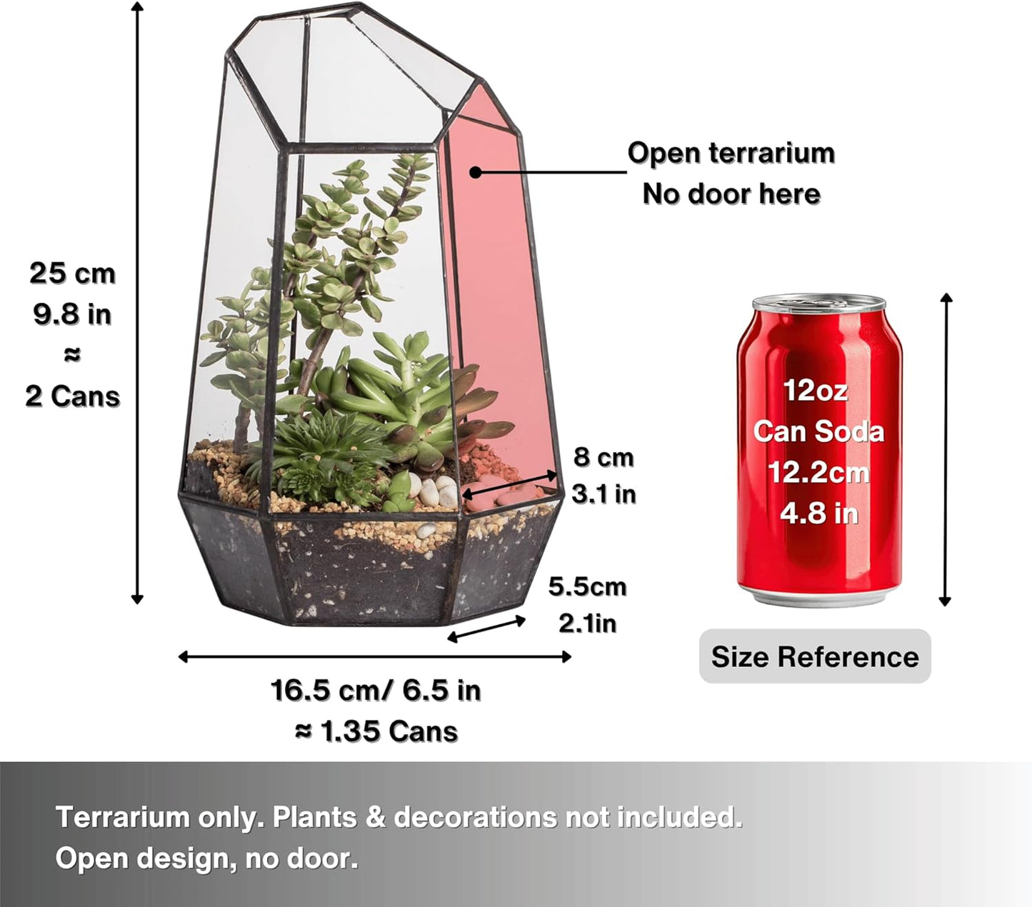 Geometric Plants Terrarium Planter - Glass Terrarium for Succulent, Cacti - 6.5X5.7X9.8 Inches - Indoor Tabletop Irregular Opened Container Pot for Home, Garden, Office Decor, Black (No Plants)